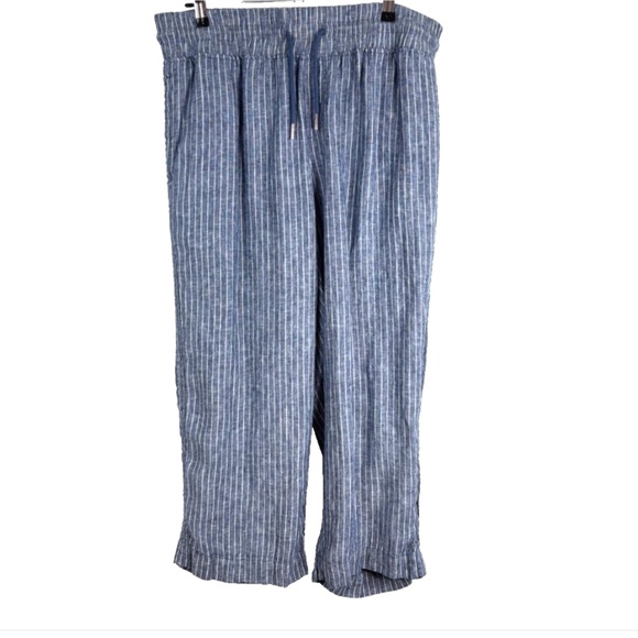 Quince European Linen Wide Leg Cropped Pants XL Chambray Blue Stripe Pockets - Picture 2 of 11